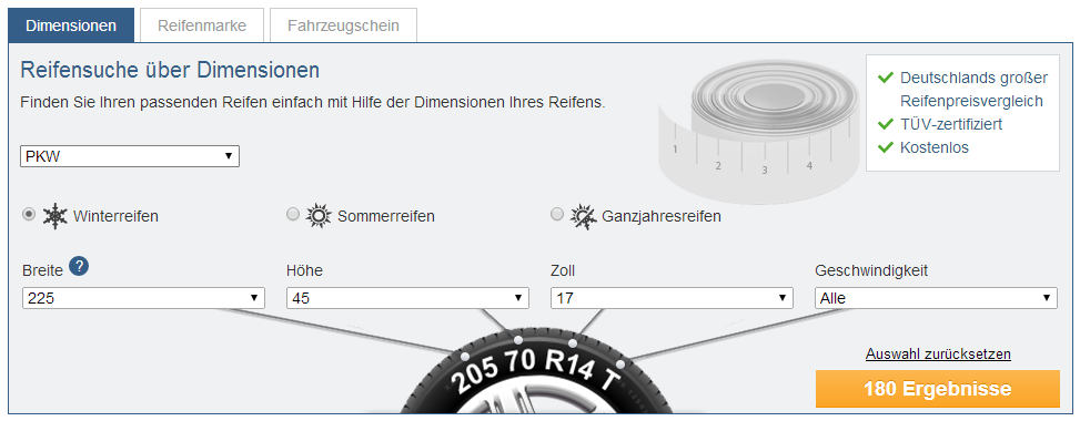Über den Reifenkonfigurator von Reifen.de lassen sich alle wichtigen Kennzahlen für die Reifensuche eingeben.